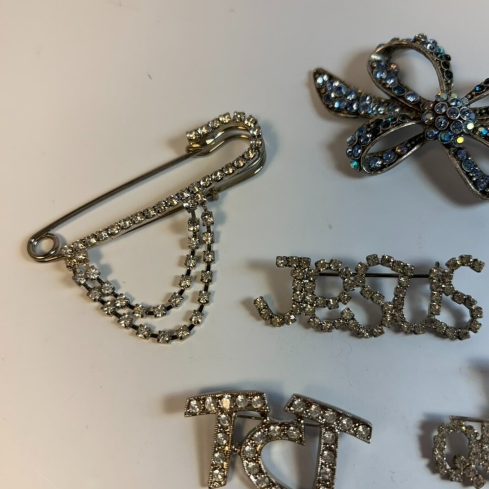 Brooch Pin Lot Silver Tone Rhinestone Retro Costume Jewelry - Picture 4 of 7